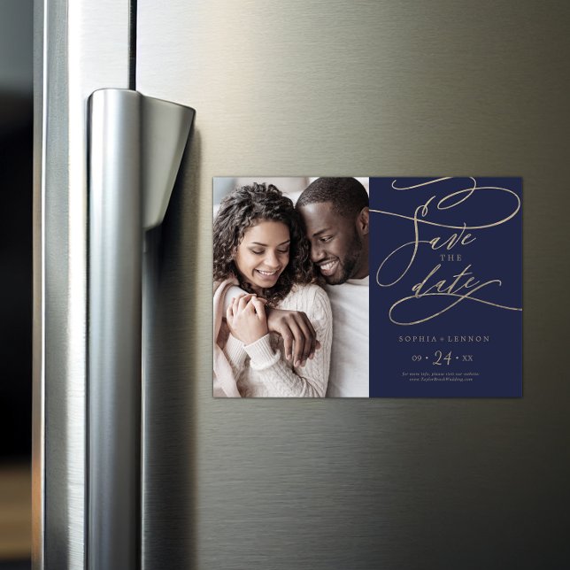 Convite Magnético Caligrafia romântica de Marinho Foto para salvar a (Criador carregado)