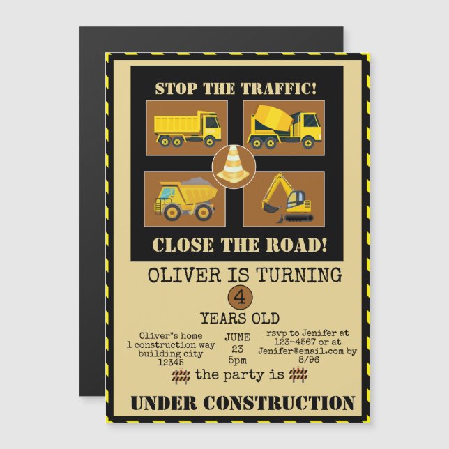 Convite Magnético Caminhões De Construção | Meninos com Festa de ani (Frente/Verso)