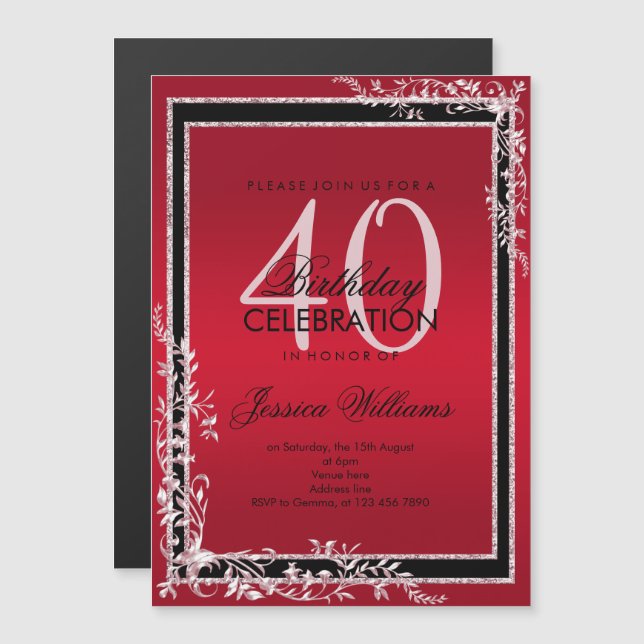 Convite Magnético Cantos Decorativos Ruby & Black Aniversário (Frente/Verso)
