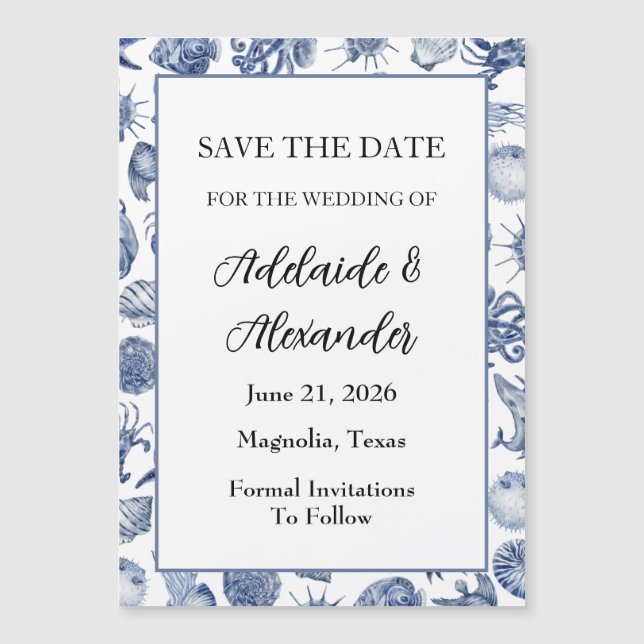 Convite Magnético Casamento aquarela azul costeira praia moderna (Frente)