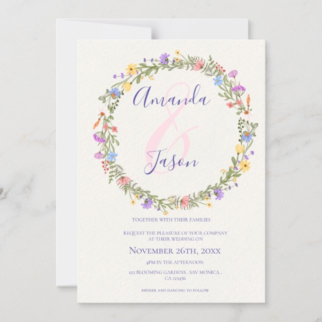 Convite Magnético Casamento bonito de flores silvestres púrpuras (Frente)