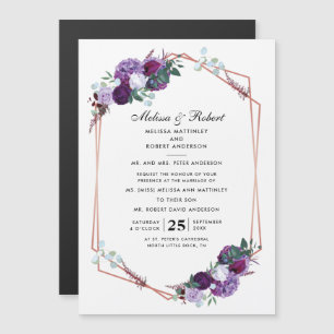 Convite Magnético Casamento Botânico Roxo Floral Elegante