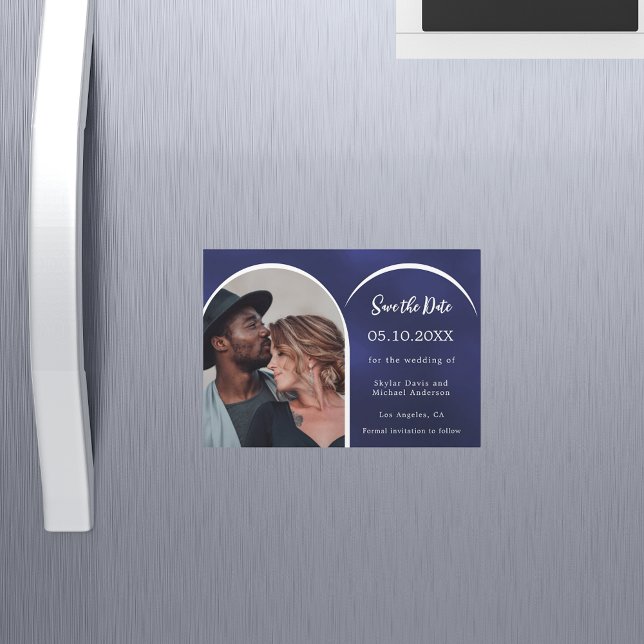 Convite Magnético Casamento branco-azul com arco fotográfico Salvar  (Criador carregado)