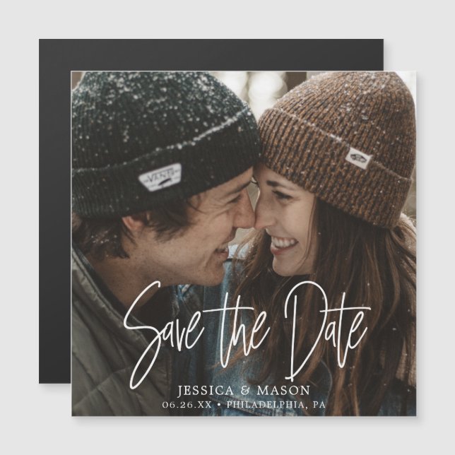 Convite Magnético Casamento Branco do Mod Salve os Amigos de Data co (Frente/Verso)