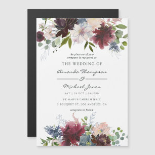 Convite Magnético Casamento com aguarela floral em burgundy e azul m