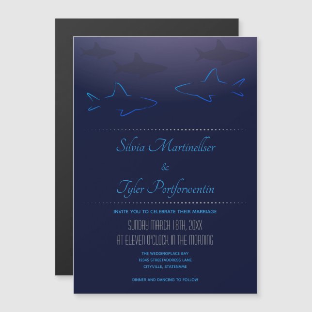 Convite Magnético Casamento com Tubarões do Oceano Azul (Frente/Verso)