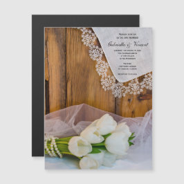 Convite Magnético Casamento com Tulipas Brancas Rústicas