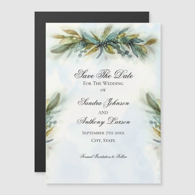 Convite Magnético Casamento com Verde Folhagem em Aquarela (Frente/Verso)