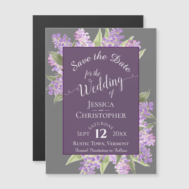 Convite Magnético Casamento da Cinza Boho Lilacs Calliographic Salva (Frente/Verso)