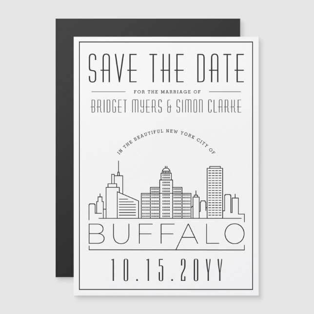 Convite Magnético Casamento de Buffalo | Skyline Estilizado Salvar a (Frente/Verso)