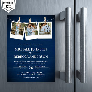 Convite Magnético Casamento de Colagem de Fotos de Madeira Azul-Mari