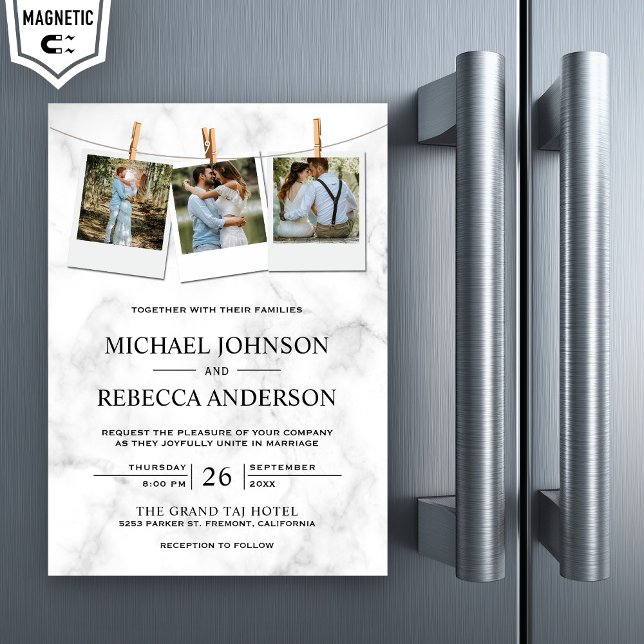 Convite Magnético Casamento de Colagem de Fotos do Mármaco Branco El (Criador carregado)