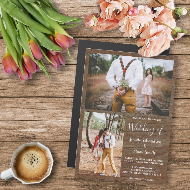 Convite Magnético Casamento de colagem de fotos em celeiro russo (Rustic barn wood photo collage magnetic wedding invitation.)