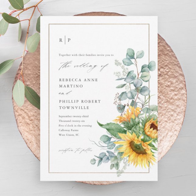 Convite Magnético Casamento de Eucalipto com Girassol Moderno (A modern, elegant hand-painted sunflower eucalyptus wedding magnetic invitation.)
