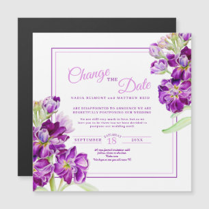 Convite Magnético Casamento de flores de estoque roxo muda data