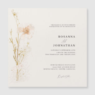 Convite Magnético Casamento de Flores Prensadas Românticas Douradas 