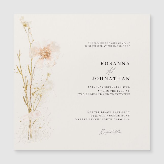 Convite Magnético Casamento de Flores Prensadas Românticas Douradas  (Frente)