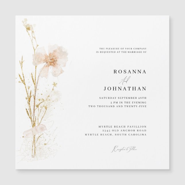 Convite Magnético Casamento de Flores Prensadas Românticas Douradas  (Frente)