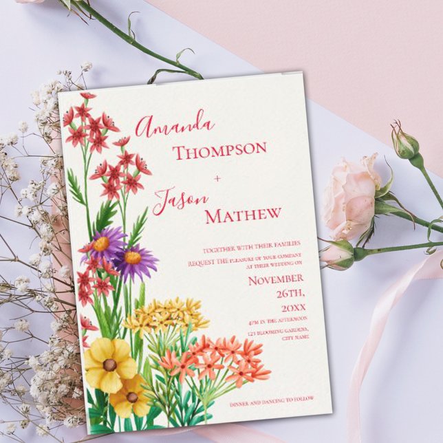 Convite Magnético Casamento de Flores Selvagens Amarelas Amarelas El (Elegant Yellow Purple Orange Wildflowers Wedding Magnetic Invitation)