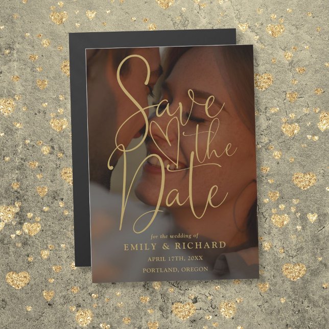 Convite Magnético Casamento De Foto De Script Dourado Elegante Salva (Elegant Gold Script Photo Wedding Save The Date Magnetic Invitation)