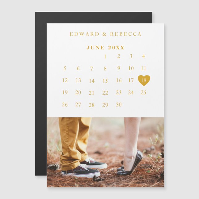 Convite Magnético Casamento de Foto Dourado Elegante do Calendário S (Frente/Verso)