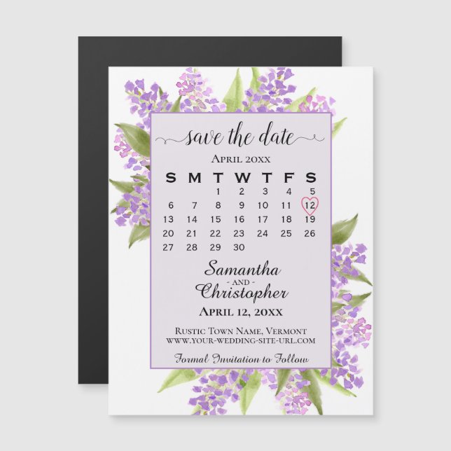 Convite Magnético Casamento de Lavanda Lilacs e Calendário Salvar a  (Frente/Verso)