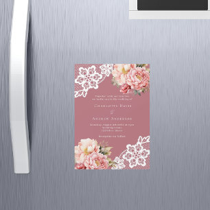 Convite Magnético Casamento de luxo com rendas florais cor-de-rosa r
