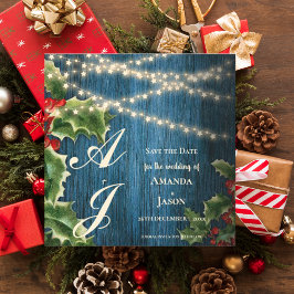 Convite Magnético Casamento De Natal Do Monograma De Madeira Azul Sa