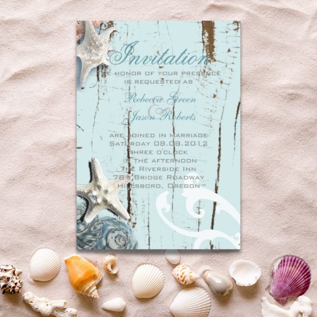 Convite Magnético Casamento de praia conchas azuis de madeira elegan (Elegant wood BLue Seashells Beach Wedding Magnetic Invitation)