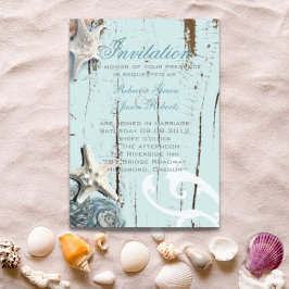 Convite Magnético Casamento de praia Elegante madeira Conchas azuis