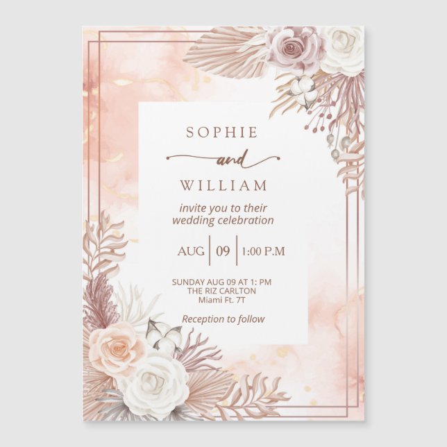 Convite Magnético Casamento de rosas rosa Dusty Boho Lignt (Frente)