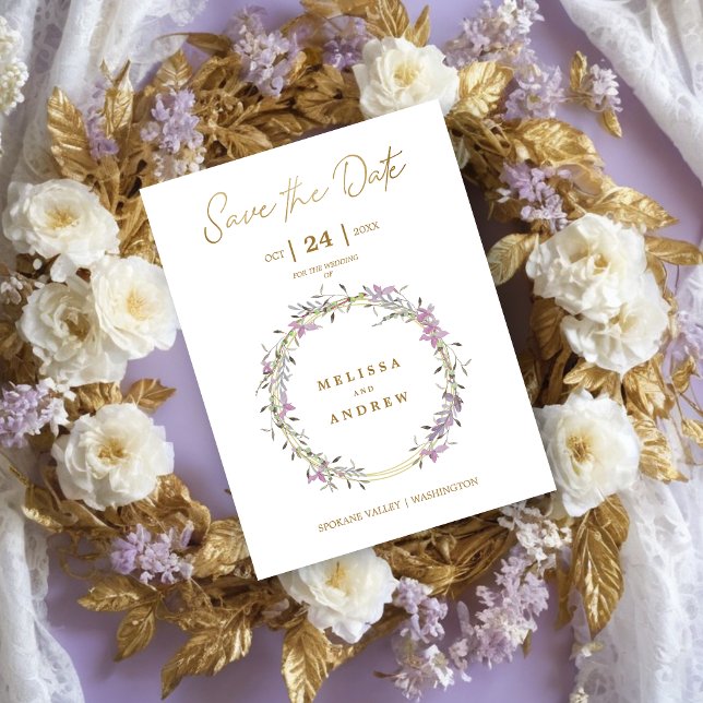 Convite Magnético Casamento de terra de Garland Elegante Lilac Perso (Custom Lilac Elegant Garland Wreath Wedding Save the Date Magnetic Card.)