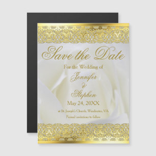 Convite Magnético Casamento Dourado com Rosa Branca Salva a Data