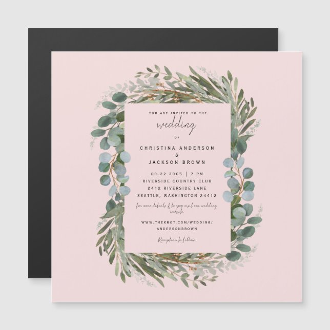 Convite Magnético Casamento Elegante com Eucalipto e Beijo de Rosa (Frente/Verso)