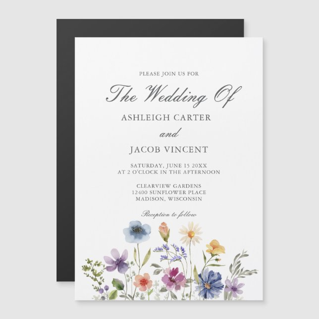 Convite Magnético Casamento Elegante de Primavera com Flores Silvest (Frente/Verso)