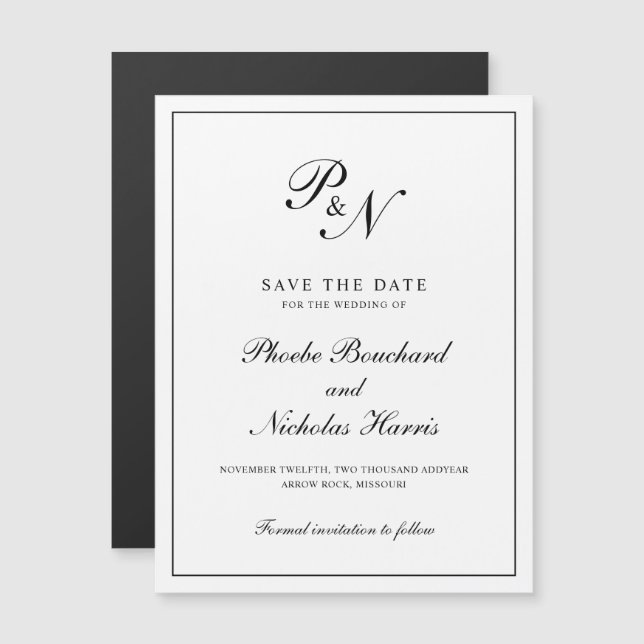 Convite Magnético Casamento Elegante Preto e Branco Salve a Data (Frente/Verso)