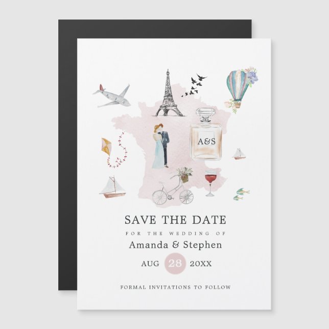 Convite Magnético Casamento em Paris com Monograma Save the Date (Frente/Verso)