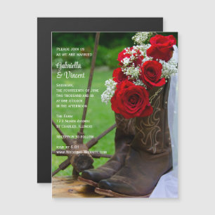 Convite Magnético Casamento entre Rosas vermelhas e cowboy boots