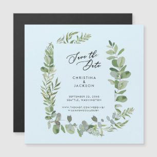 Convite Magnético Casamento Eucalipto Save the Date Azul Gelo