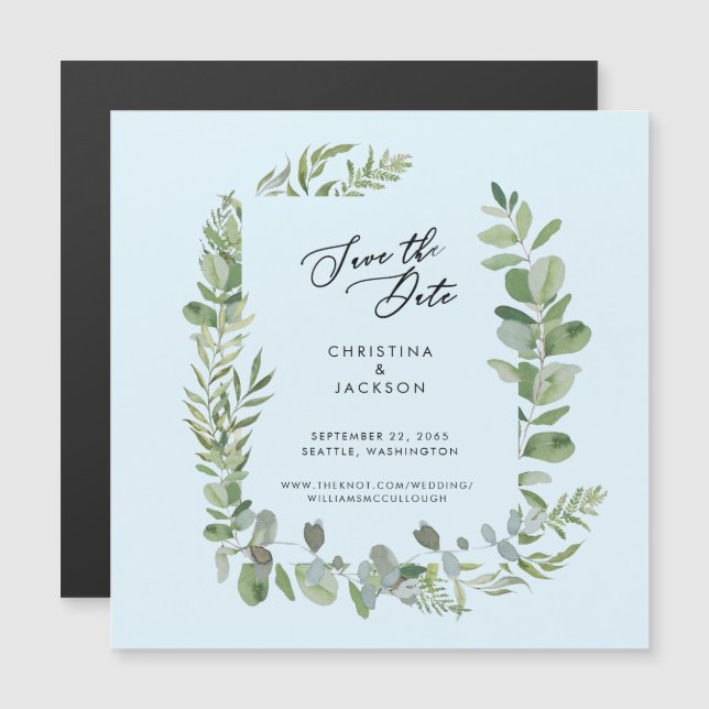 Convite Magnético Casamento Eucalipto Save the Date Azul Gelo (Frente/Verso)