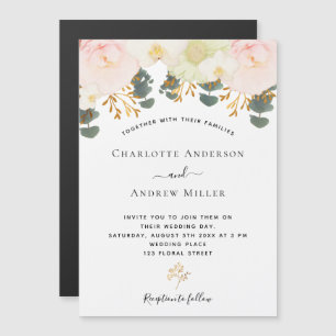 Convite Magnético Casamento floral branco rosa dourado verde