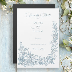 Convite Magnético Casamento Floral de Arte Linear Azul Poético