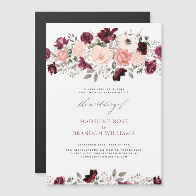 Convite Magnético Casamento Floral de Blush Russo Virtual (Frente/Verso)
