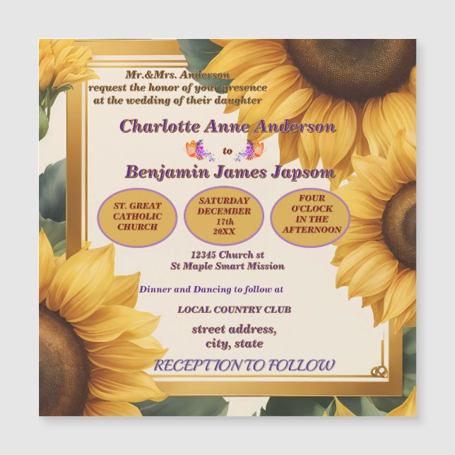 Convite Magnético Casamento floral de flores solares (Frente)