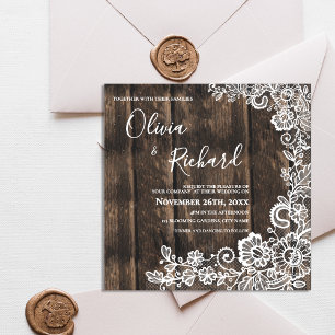 Convite Magnético Casamento Floral de Madeira Rústica e Renda Branca