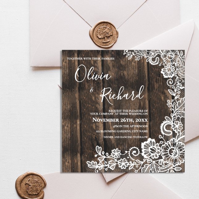 Convite Magnético Casamento Floral de Madeira Rústica e Renda Branca (Rustic Wood and White Lace Floral Wedding Magnetic Invitation)