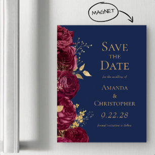 Convite Magnético Casamento Floral Dourado Burgundy Salve a Data