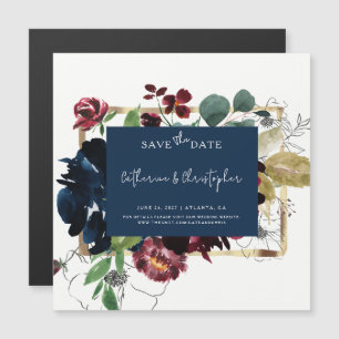 Convite Magnético Casamento Floral Elegante Burgundy Azul Marinho S