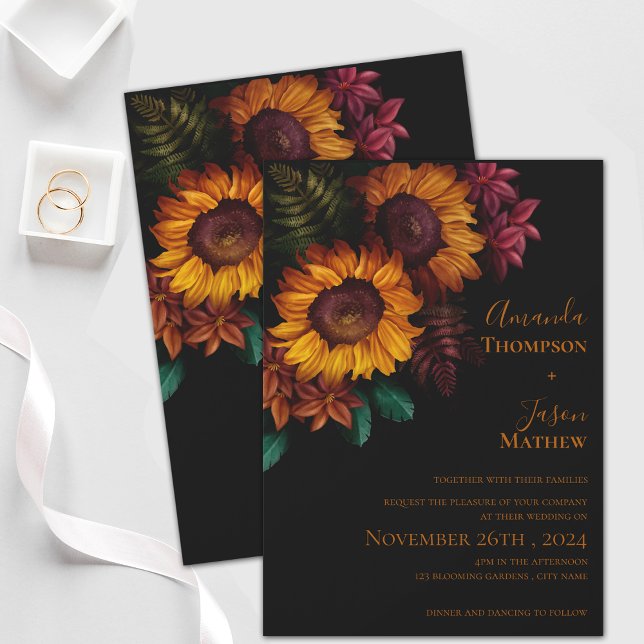 Convite Magnético Casamento Floral Laranja Arrejado Moderno e Vibran (Modern Vibrant Black Burnt Orange Floral Wedding Magnetic Invitation)
