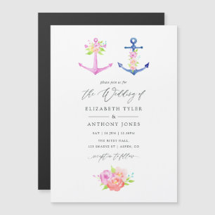 Convite Magnético Casamento Floral Náutico em Aquarela